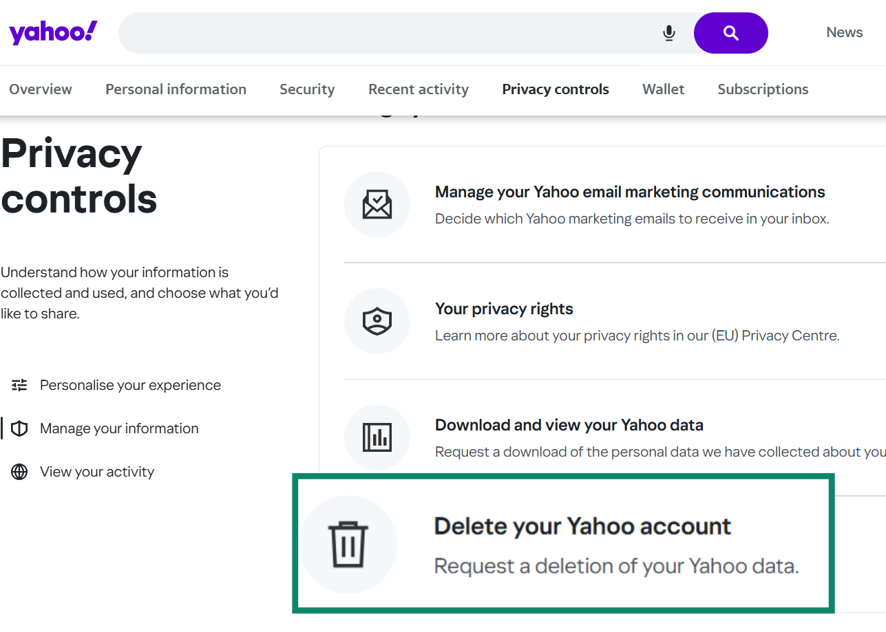 Yahoo Privacy Controls Dashboard, with the Delete your Yahoo account option highlighted.
