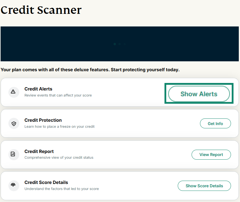 Credit Scanner page with the Show Alerts icon highlighted.