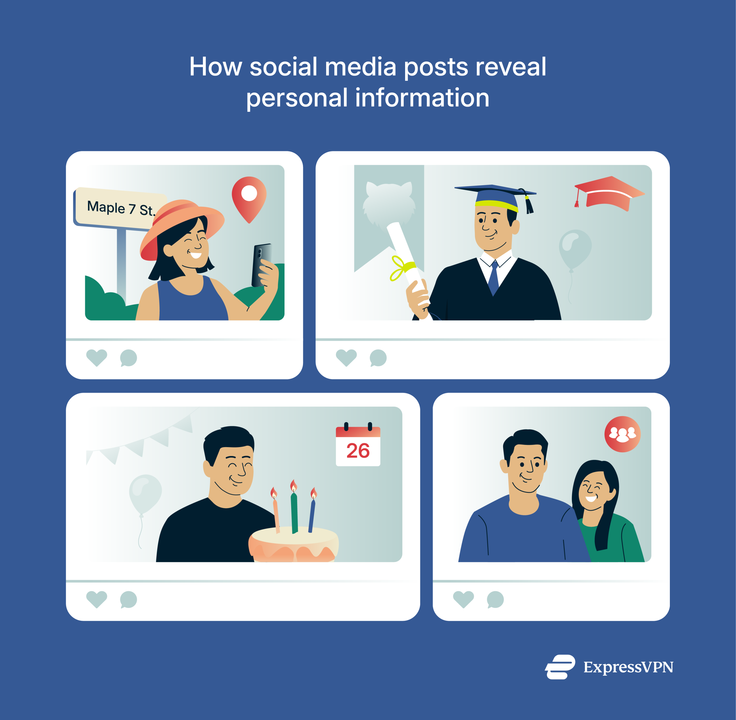 Examples of social media posts that can reveal personal details like location, school, or age through photos and captions.