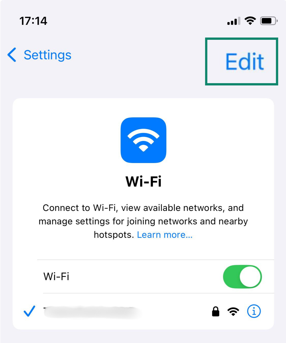 The Wi-FI page of the iPhone Settings, with the Edit button highlighted.