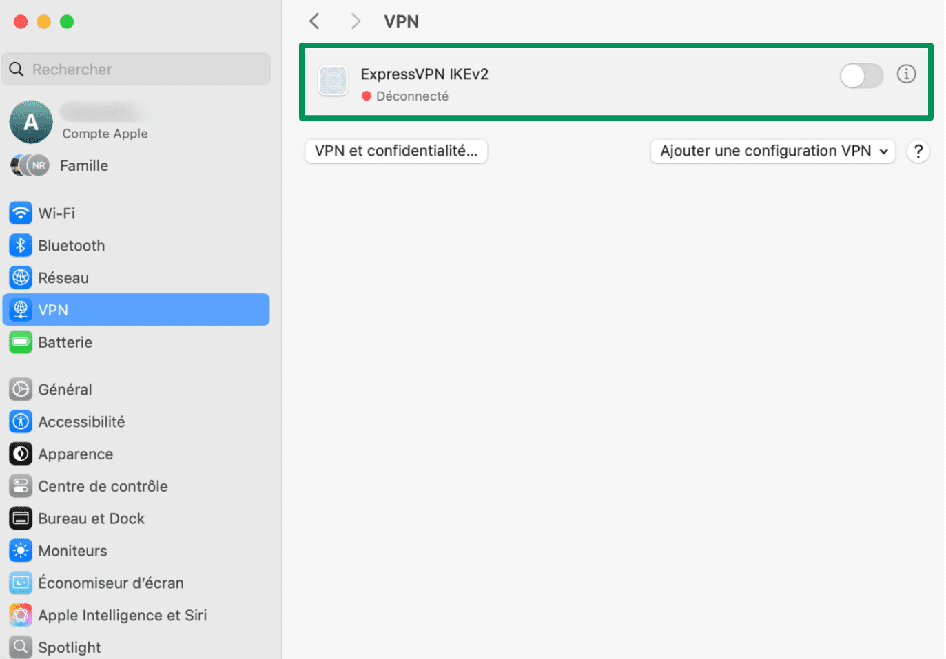 A screenshot of the VPN settings on a Mac, showing the option to toggle the VPN connection off or on.