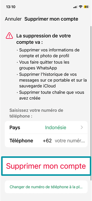 The Delete account page of the WhatsApp app on iPhone.