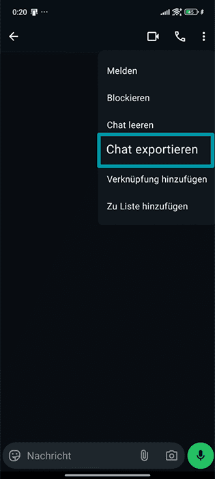 A screenshot of the WhatsApp app, showing the Export chat option.