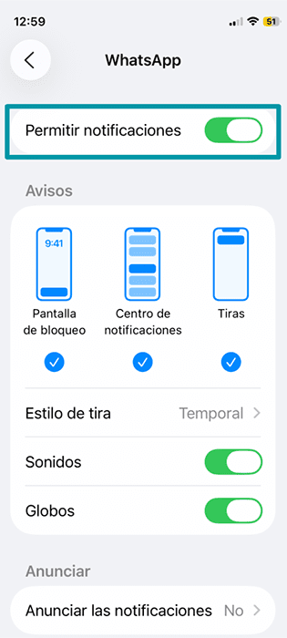 The WhatsApp notifications settings on iPhone, showing the option to disable all notifications.