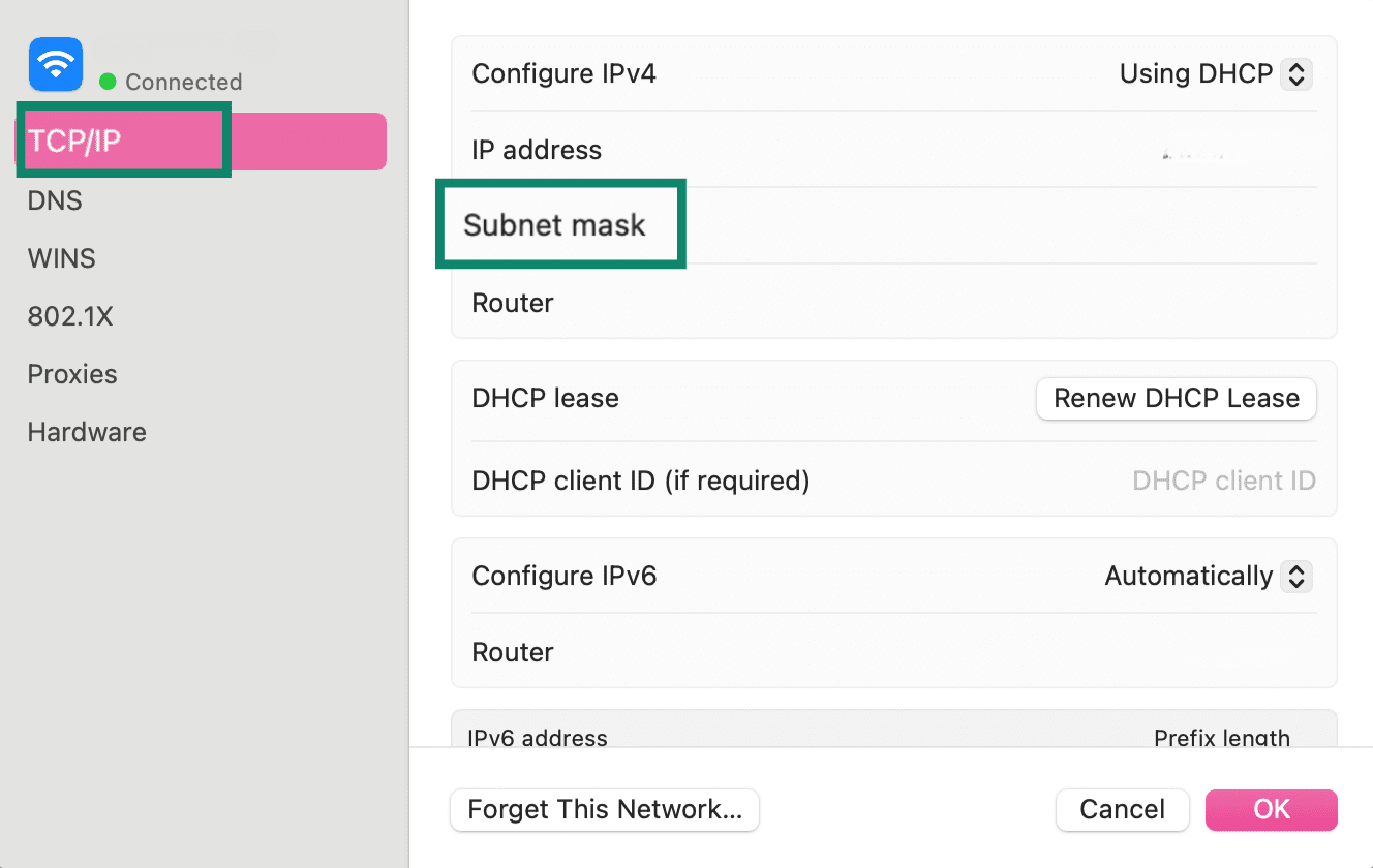 Mac Wi Fi TCP IP settings showing where to find the subnet mask.