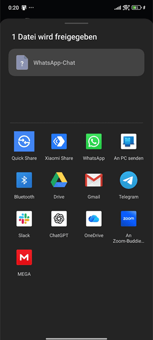 A screenshot of the WhatsApp app, showing an array of possible apps to use when exporting and saving chat files.