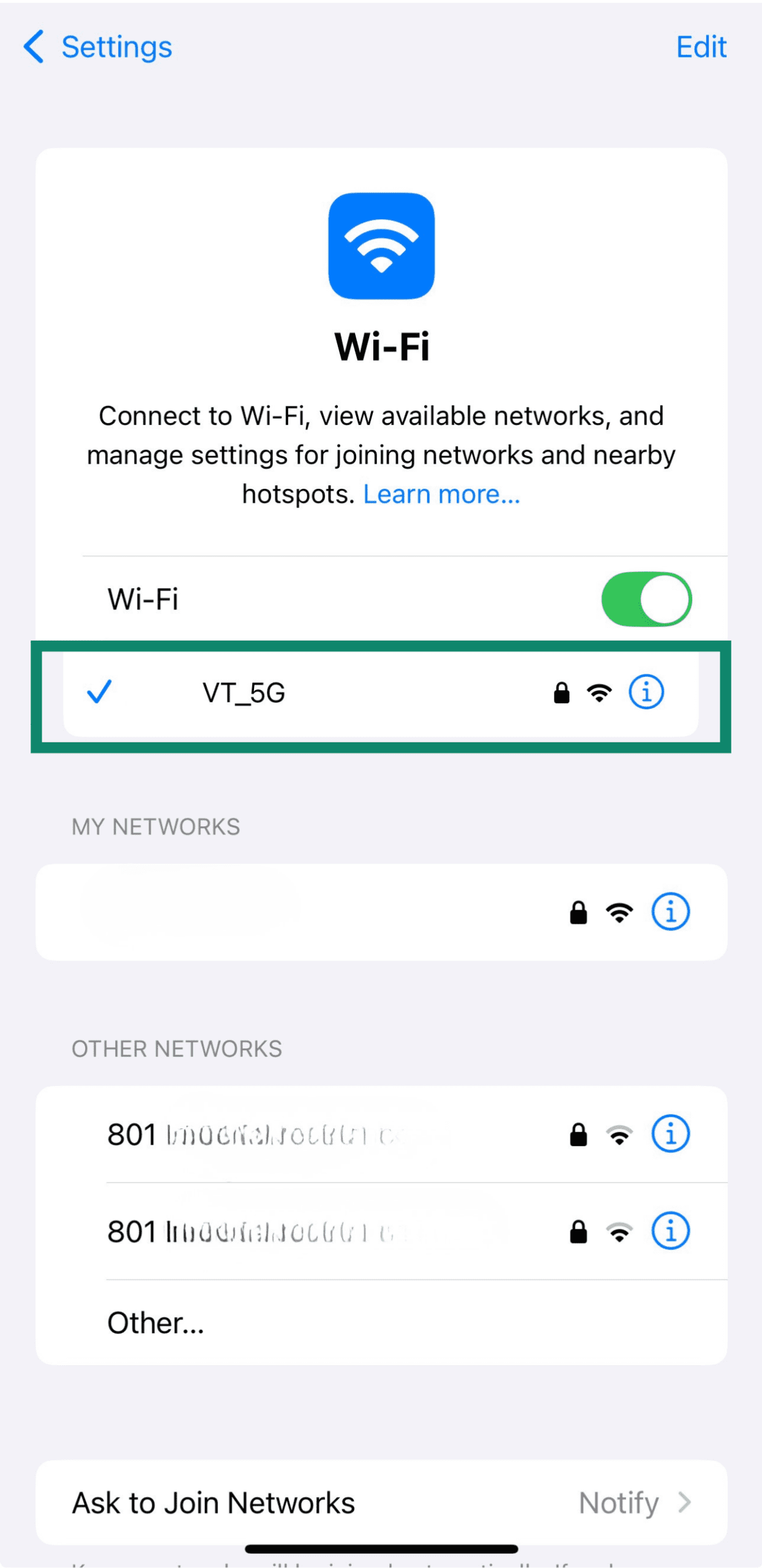 iPhone Wi Fi settings screen.