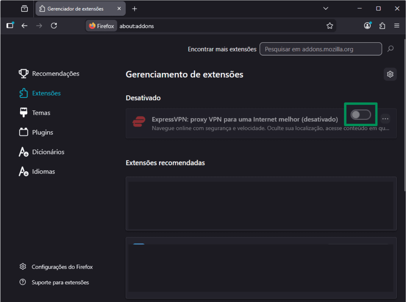 A screenshot of the Firefox extensions page, showing the option to disable the ExpressVPN extension.