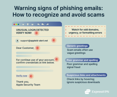 An overview of phishing email warning signs, including suspicious senders, poor grammar, generic greetings, and fake links or attachments.