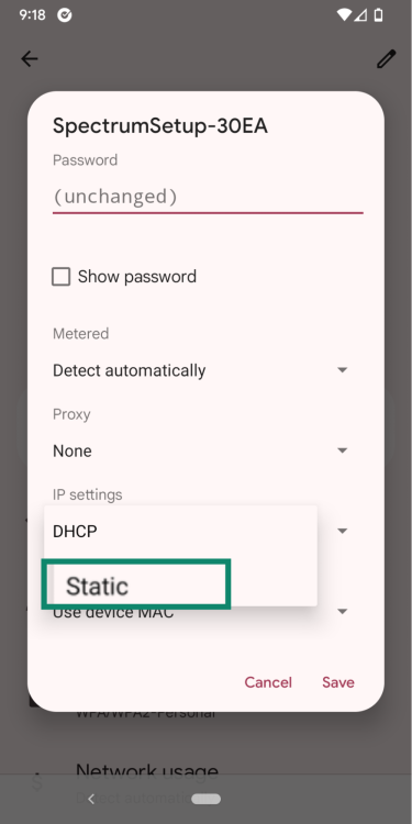 Android Wi-Fi network settings screen showing the option to switch IP settings.