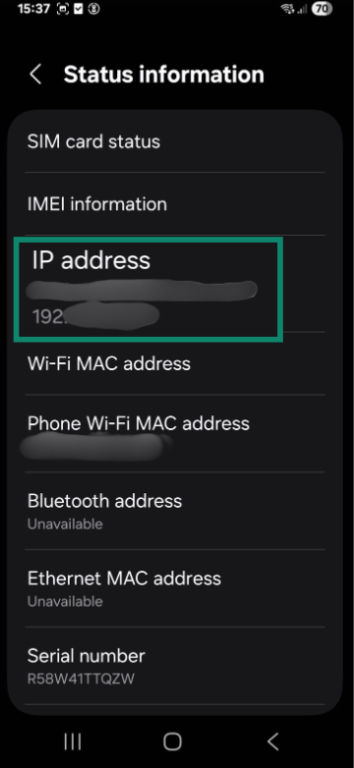 An Android phone displaying its local IP address.