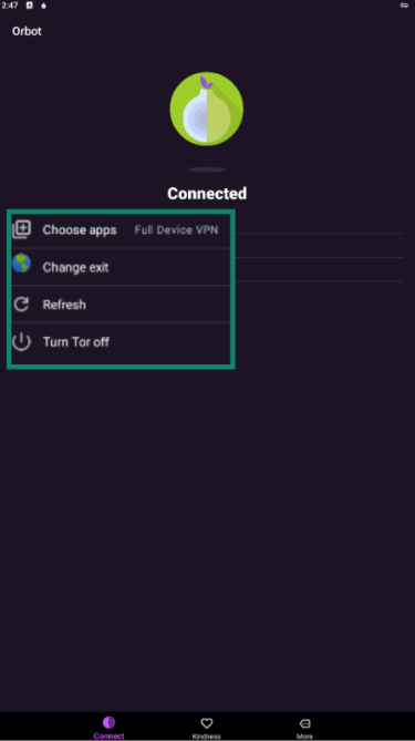 The Orbot app, showing the options you can take once connected.