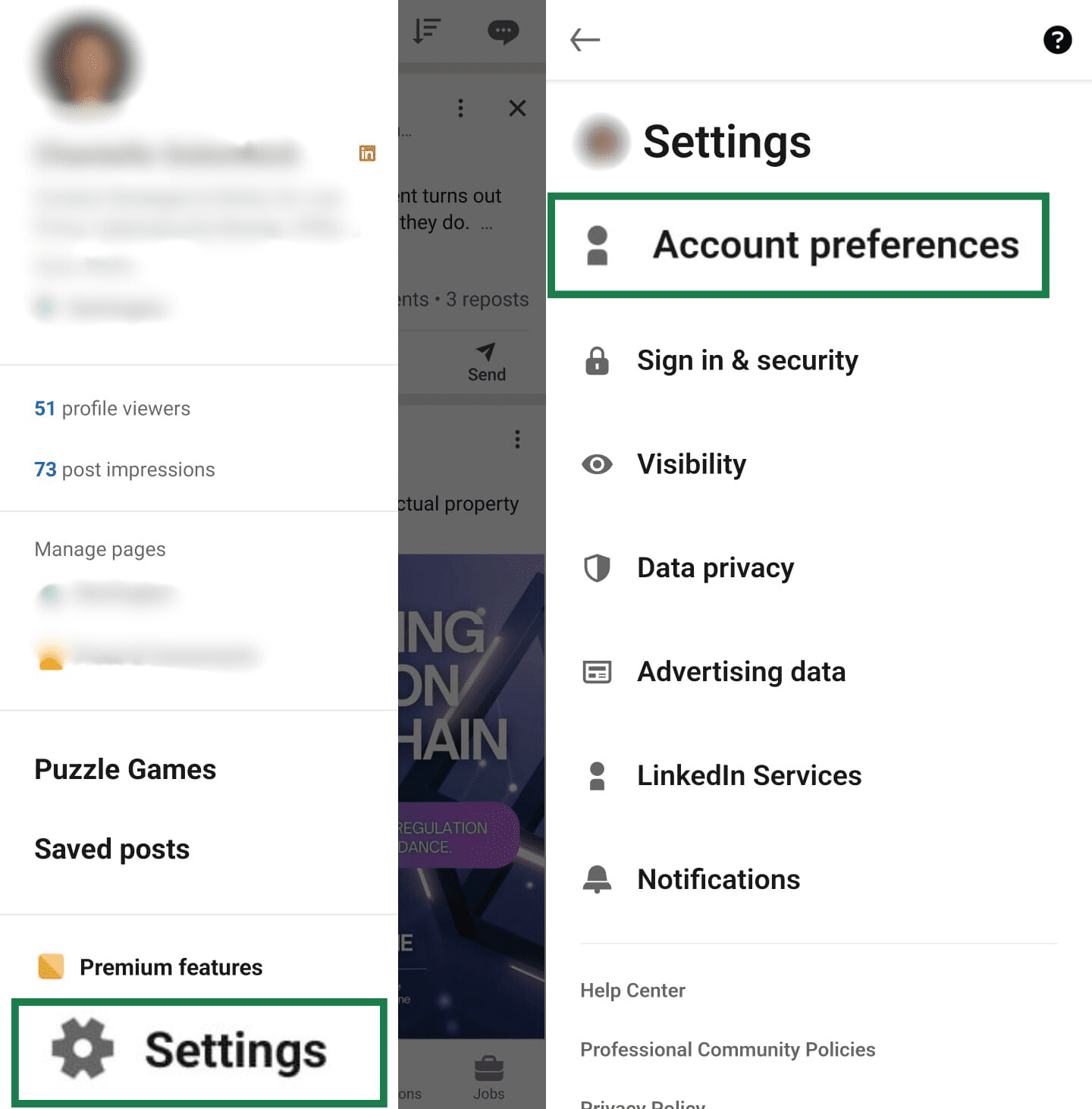 Two screens showing how to access LinkedIn account preferences on mobile: tapping "Settings" from the main menu, then tapping "Account preferences".