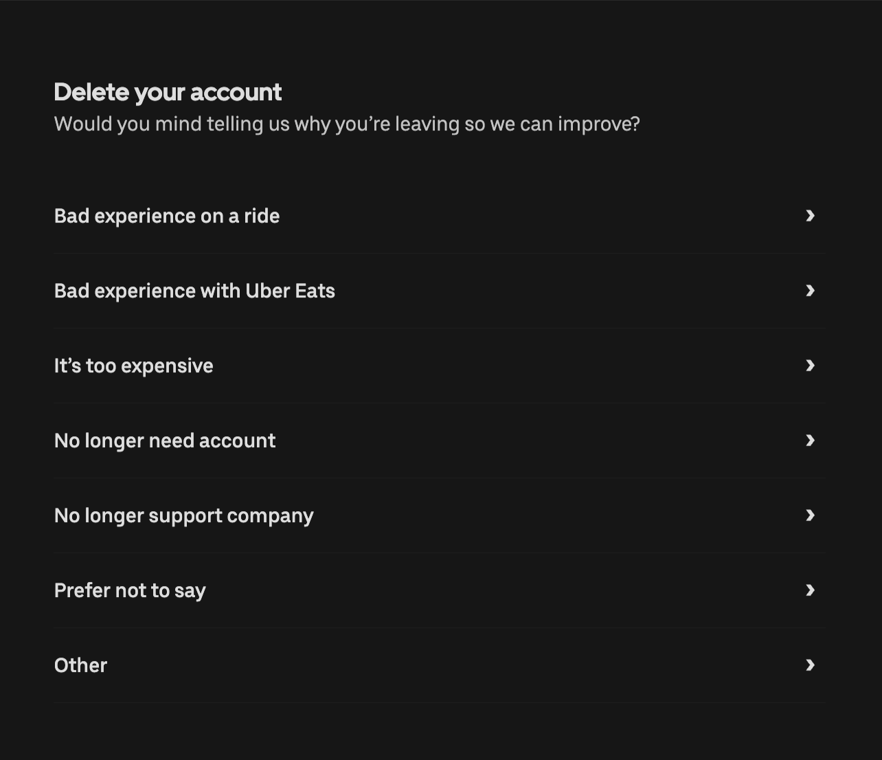 Uber desktop survey for account deletion.