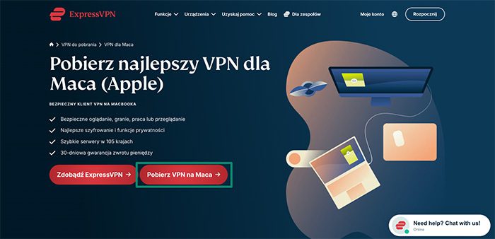 ExpressVPN download page for the Mac app, with a highlighted "Download Mac VPN" button. 