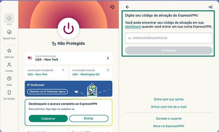 The ExpressVPN app on macOS, with a highlighted activation code field.