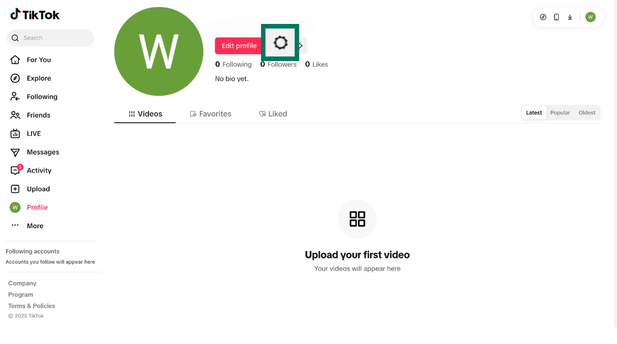 TikTok desktop profile page with settings gear icon highlighted beside Edit profile button.