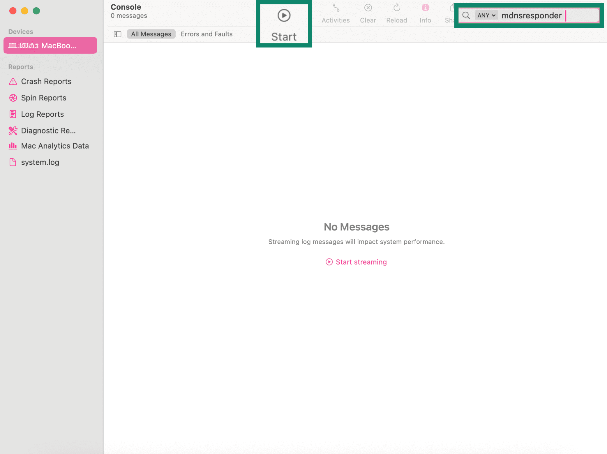 Mac Console search mdnsresponder with Start button.