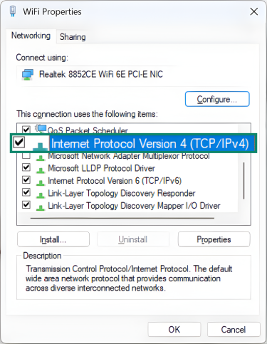 Windows 11 WiFi Properties user menu.