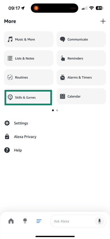 Alexa More menu showing the Skills & Games option.