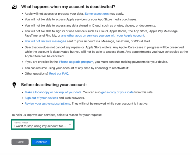 The page listing what happens when you deactivate your Apple ID. The "Select reason" dropdown menu and "Continue" button are highlighted.
