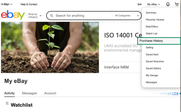 eBay “My eBay” dropdown menu open, showing the Purchase History option.