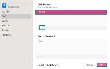 DNS settings on Mac, with the minus and OK button highlighted.