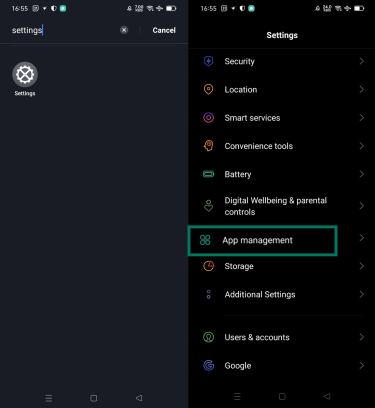 Android Settings showing App management option highlighted.