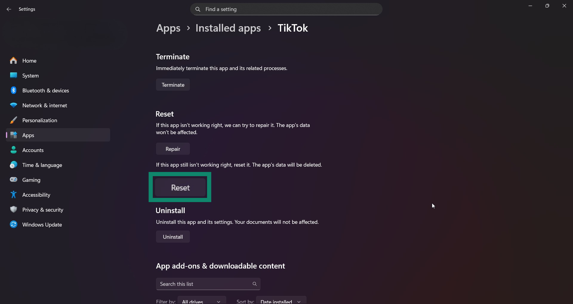 Windows 11 TikTok app settings page showing the Reset button highlighted.