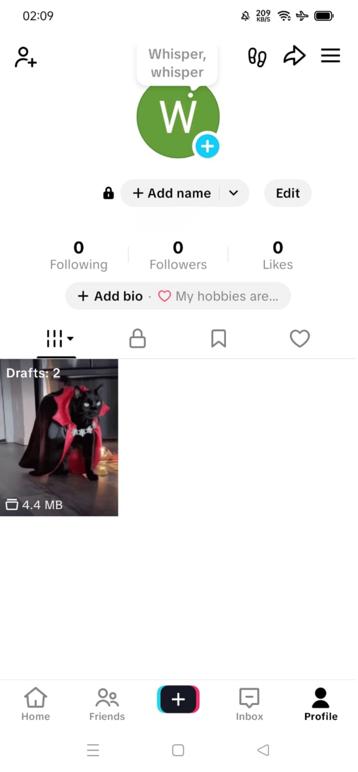 TikTok's Drafts folder on a user's profile page, showing stored video drafts.
