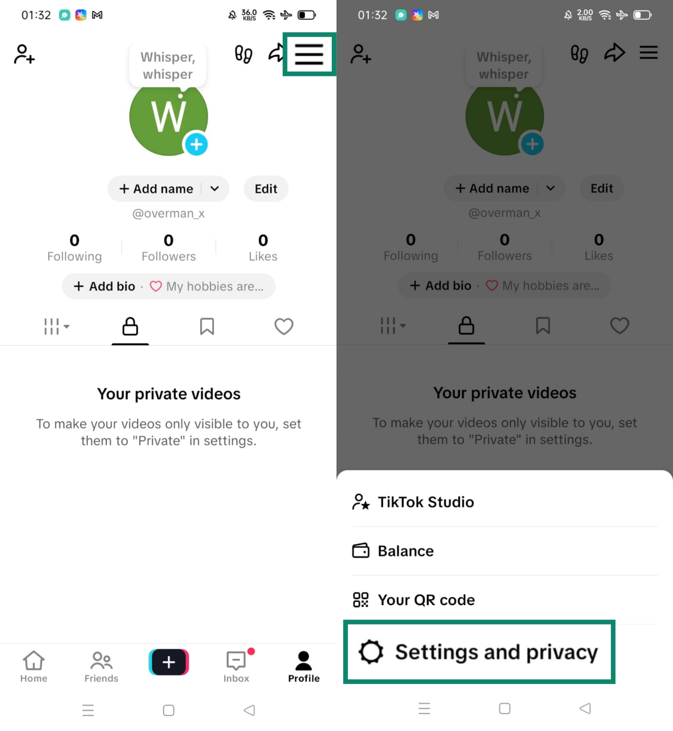 TikTok profile screen with the Settings and privacy menu item highlighted.