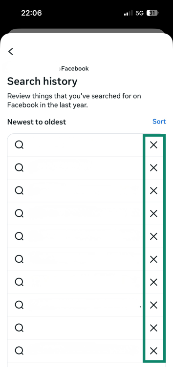The list of search entries displayed in the "Accounts Center" menu on the iOS Facebook app. The "X" icons next to the search entries are highlighted.