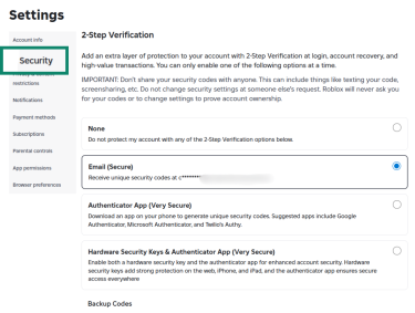 The Roblox security settings page, showing options for 2-step verification.