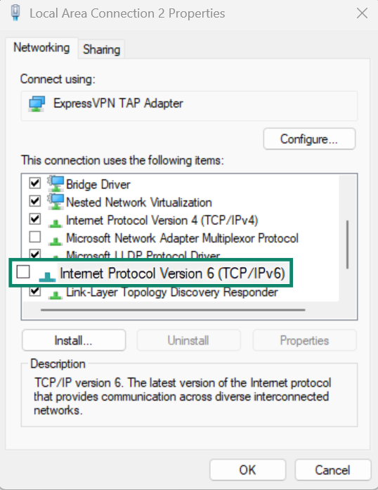 Adapter properties with Internet Protocol Version 6 (TCP/IPv6) unchecked.