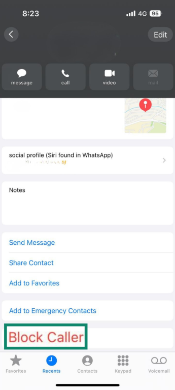 iPhone contact screen showing Block Caller option.