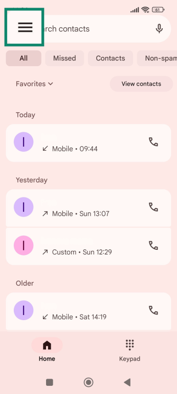 Android Phone app screen showing the top-left corner with three horizontal lines (More options) highlighted for tapping.