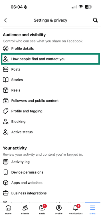 Facebook mobile settings menu with "How people find and contact you" highlighted.