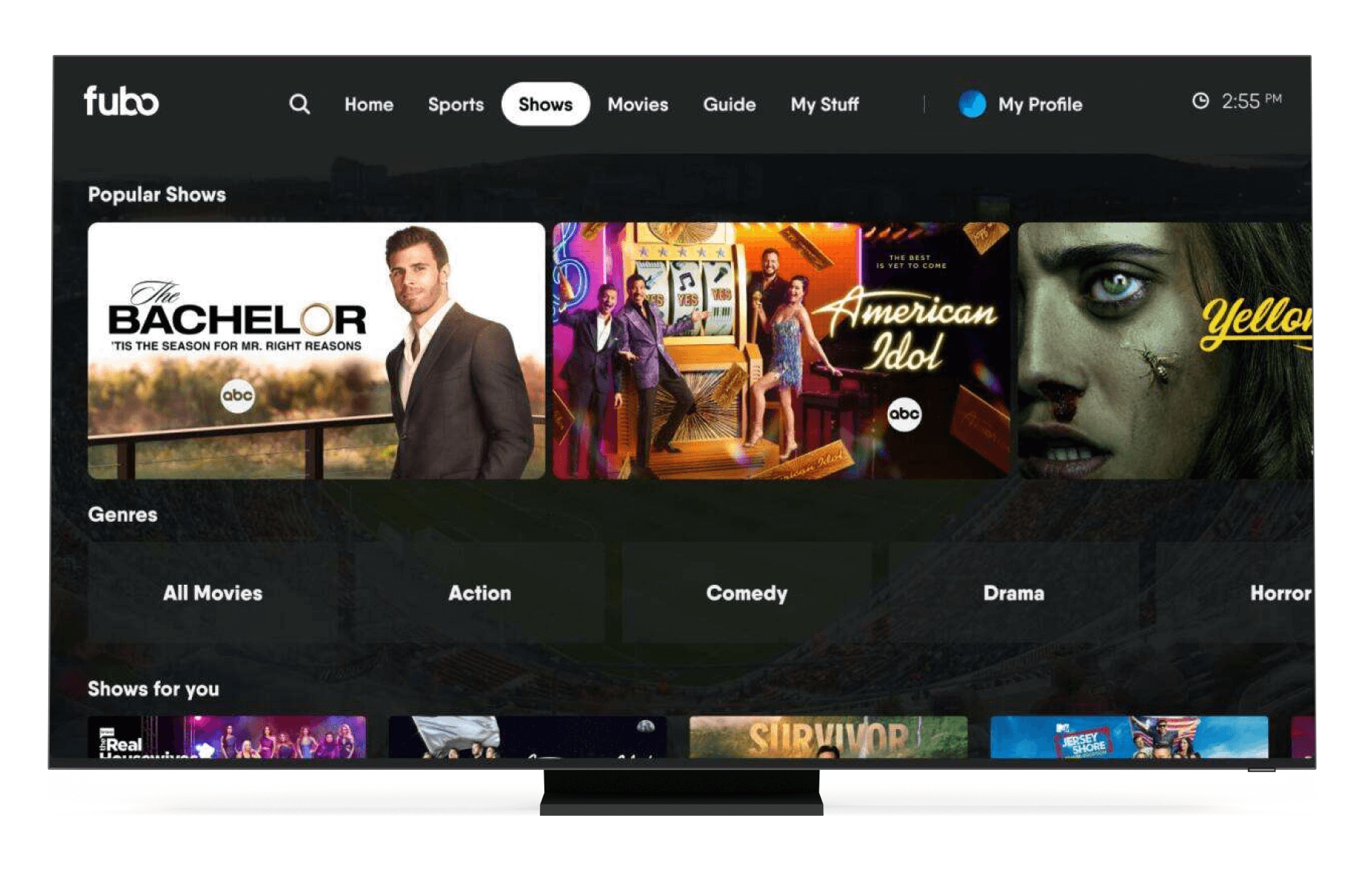 Schermata home di fuboTV su una smartTV.