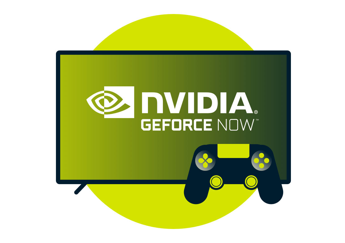 Nvidia GeForce Now'n logo ruudulla, jonka kyljessä on peliohjain