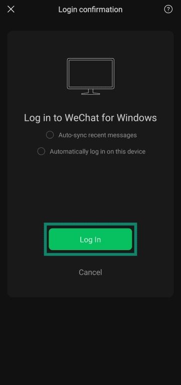 Confirming login for WeChat on desktop app.