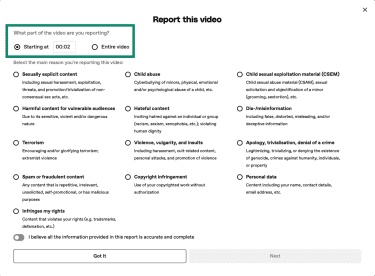 When reporting a video on Dailymotion, a user can pick a custom time or report the entire video at once.