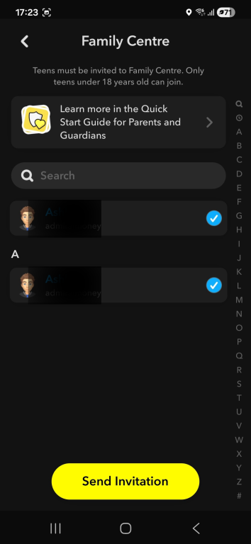 The "Send Invitation" interface for the Snapchat Family Center.