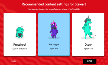 YouTube Kids' content levels while setting up a child's profile.
