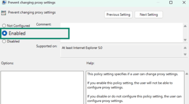Windows Prevent changing proxy settings with Enabled option highlighted.