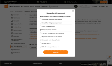 Temu website screen showing Reasons to delete account options.