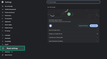 Find the Reset Settings option in the left panel of Chrome Settings.