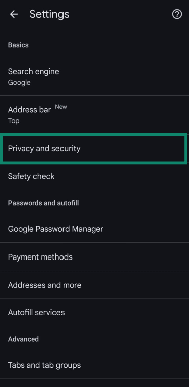 Chrome Privacy and security settings on Android.
