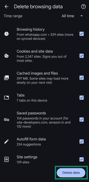 Delete data button in Chrome settings on Android.