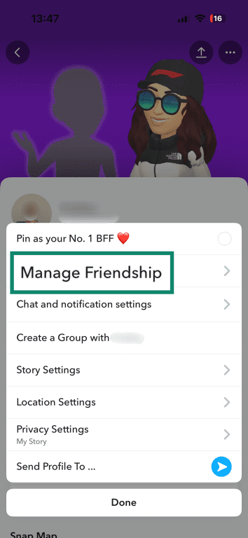 Snapchat friendship menu highlighting “Manage Friendship” with chat, story, and privacy settings.