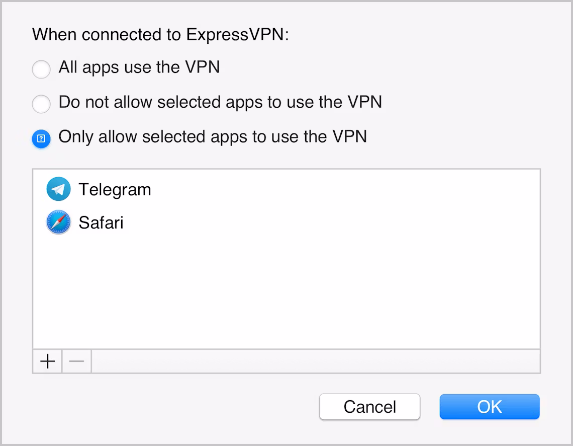 Интерфейс приложения ExpressVPN для Mac, в котором видно, что только выбранные приложения находятся под защитой VPN.
